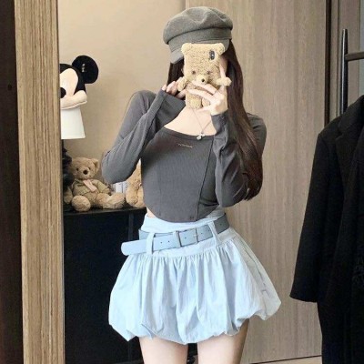 Blue high waist flower bud tutu skirt